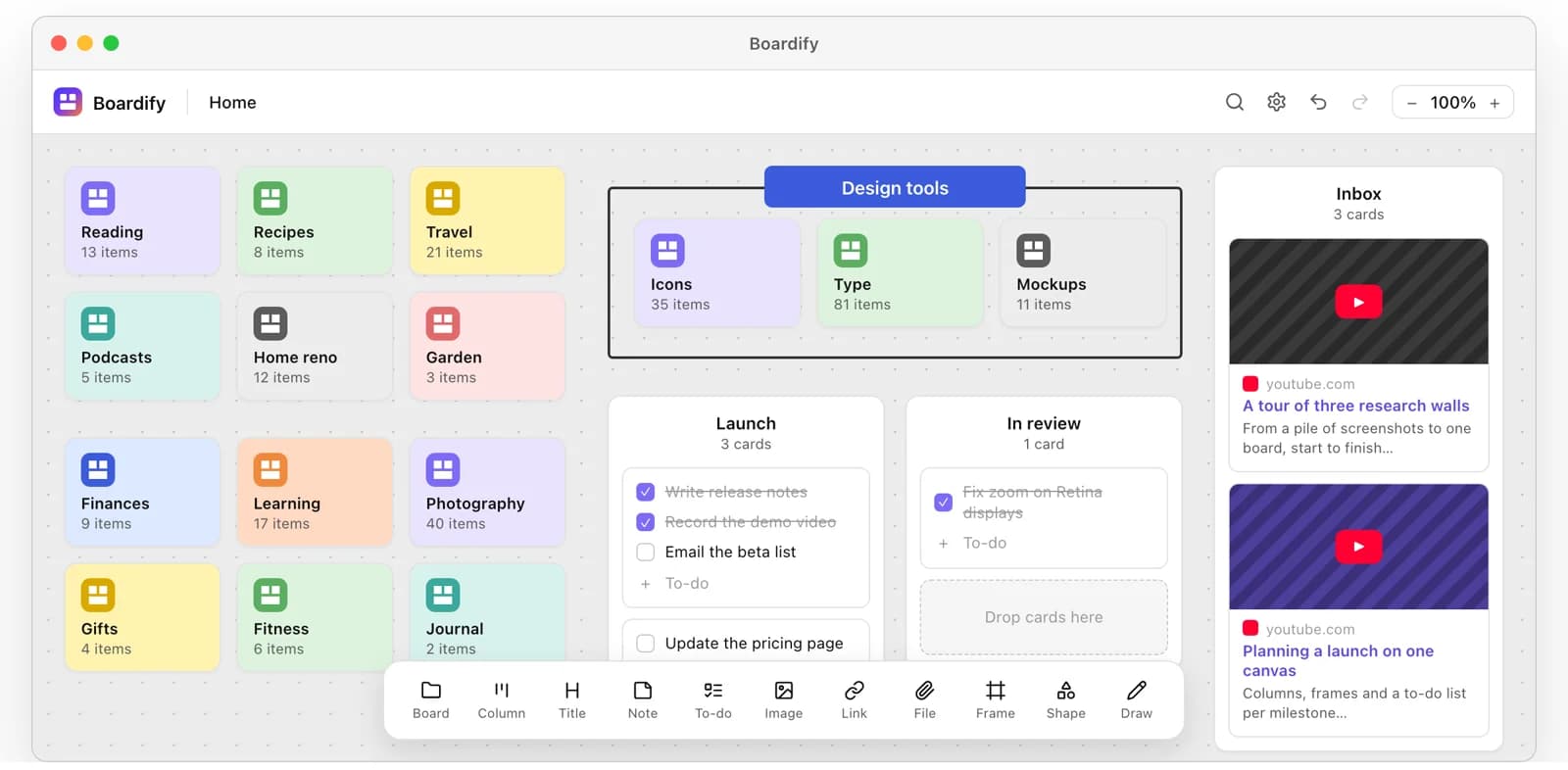 Die App: farbige Board-Kacheln, ein Rahmen, Kanban-Spalten mit To-dos, Link-Karten und die Werkzeugleiste