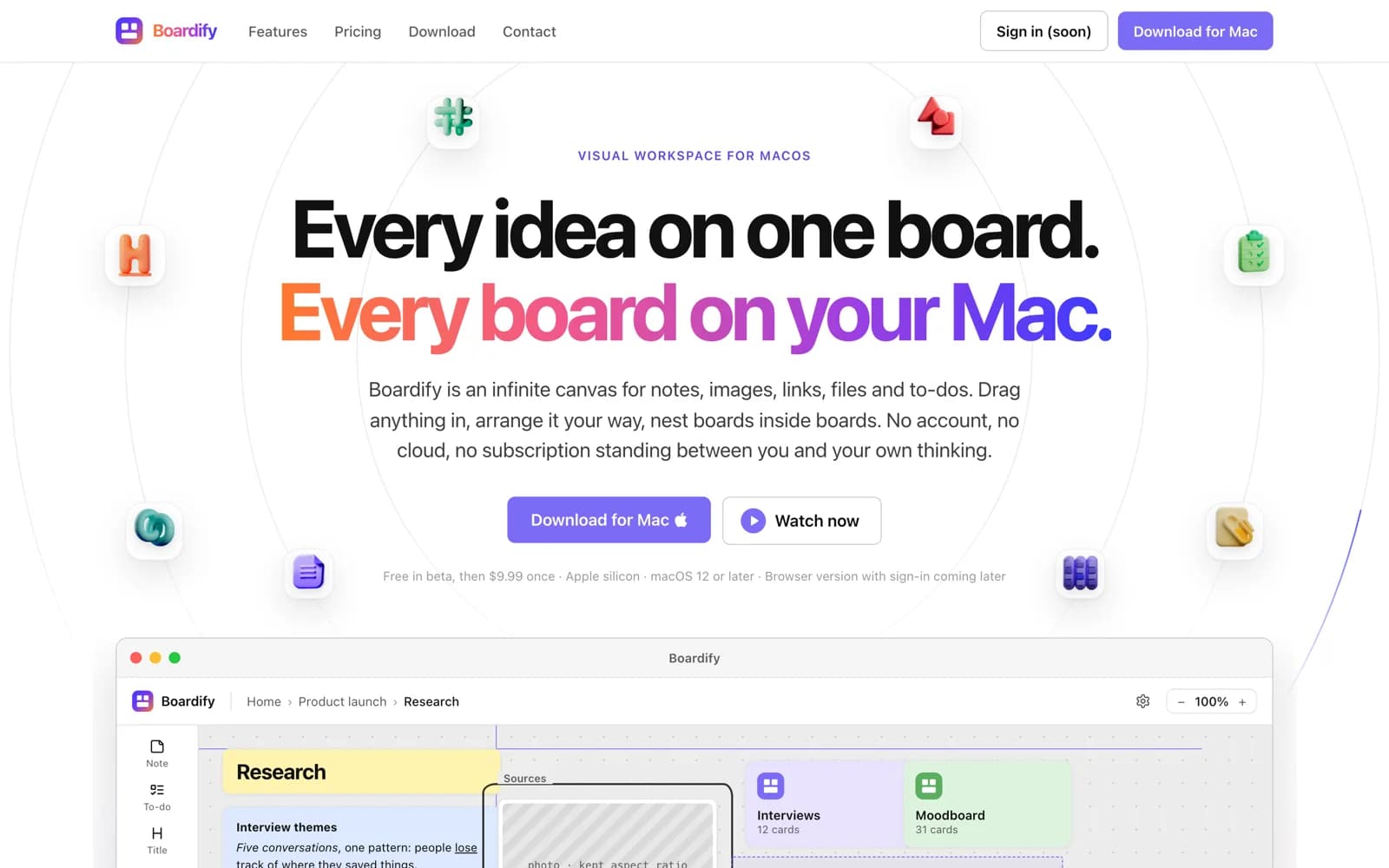 Produkt-Website boardify.xyz: Startseite mit 3D-Icons und App-Vorschau
