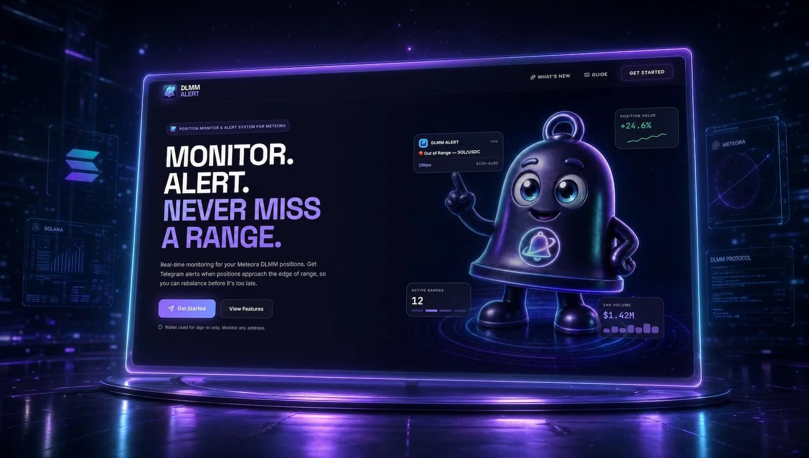Key Visual von DLMM Alert: Startseite der App mit dem Glocken-Maskottchen und einer Telegram-Meldung „Out of Range“