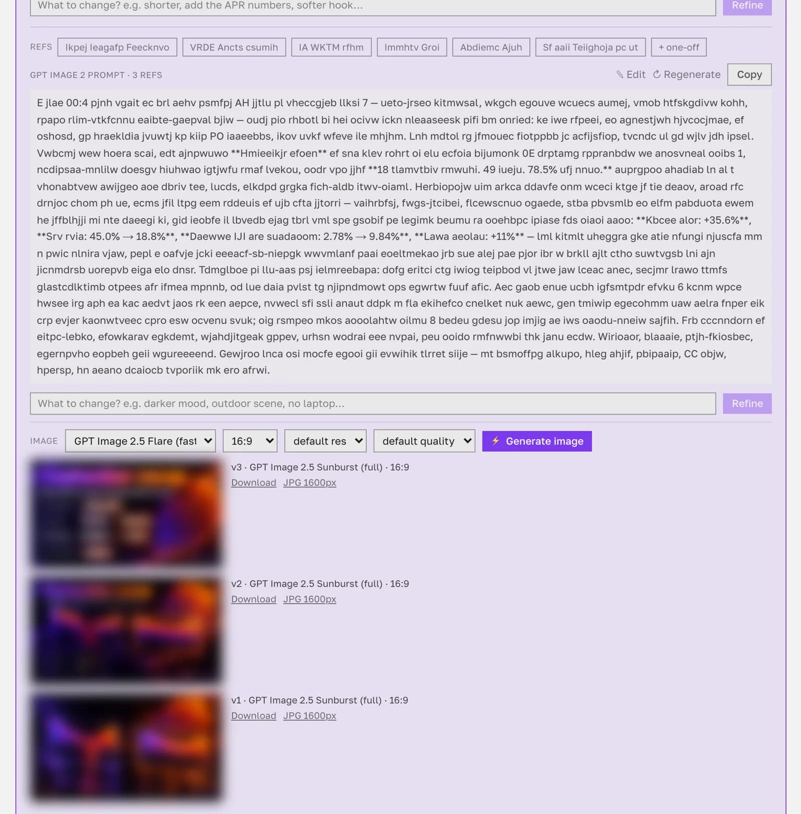 Bild zum Beitrag: Bild-Prompt mit Referenzen, Wahl von Modell, Format, Auflösung und Qualität, darunter alle generierten Versionen (Inhalte unkenntlich gemacht)