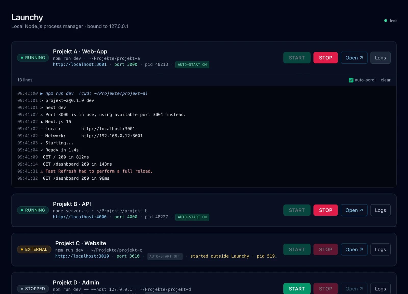 Live-Logs eines Demo-Projekts: Der Dev-Server weicht auf Port 3001 aus, Launchy übernimmt die neue Adresse als Link