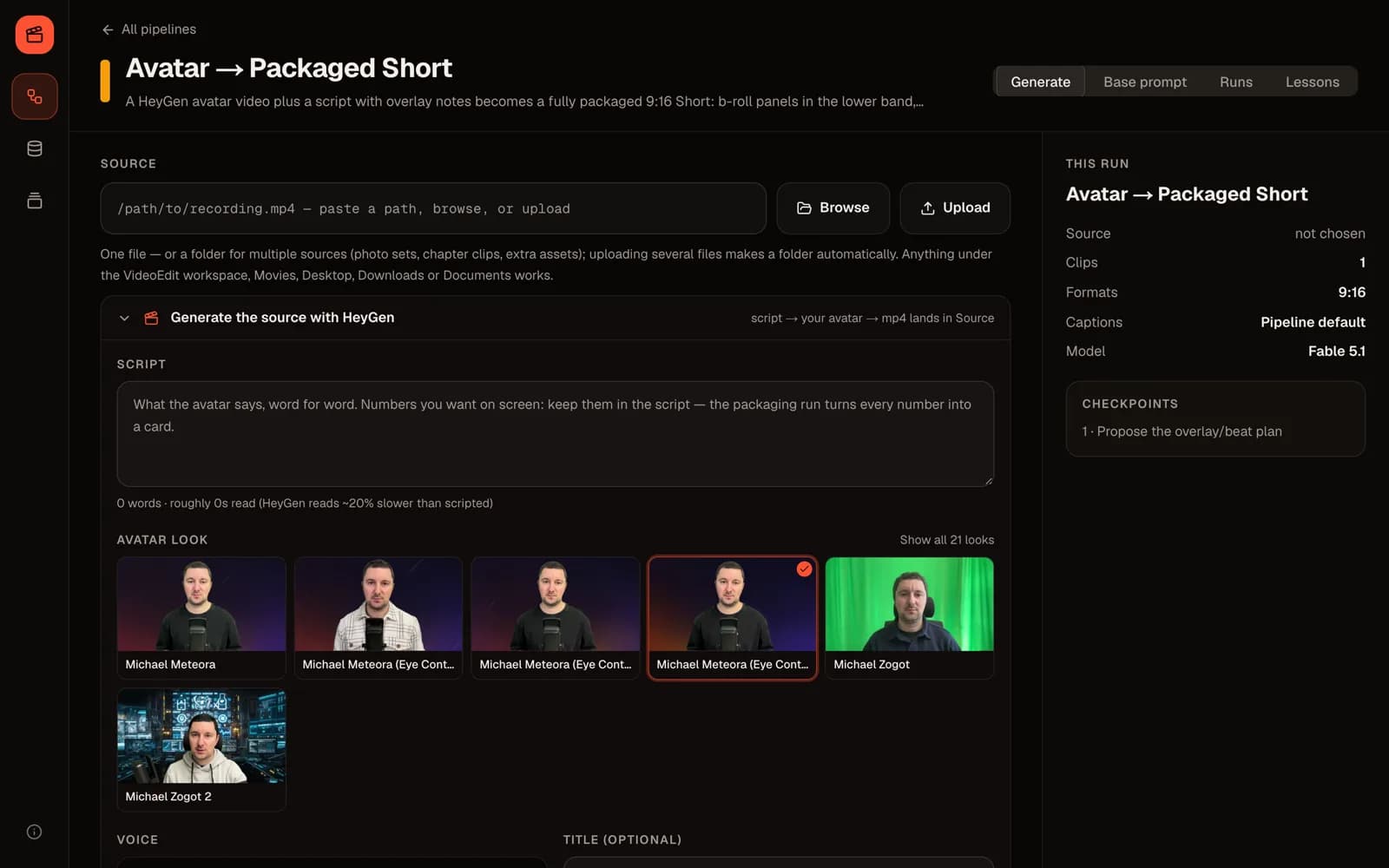 Pipeline „Avatar → Packaged Short“: Skript, Auswahl des Avatar-Looks, Formate und Prüfpunkte
