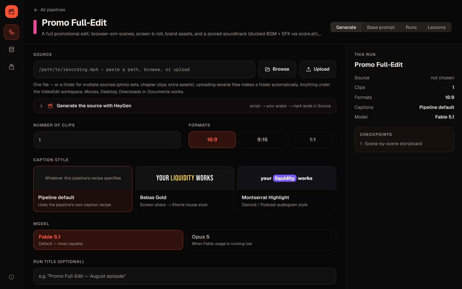 Pipeline „Promo Full-Edit“: Quelle, Anzahl Clips, Formate und Untertitelstil