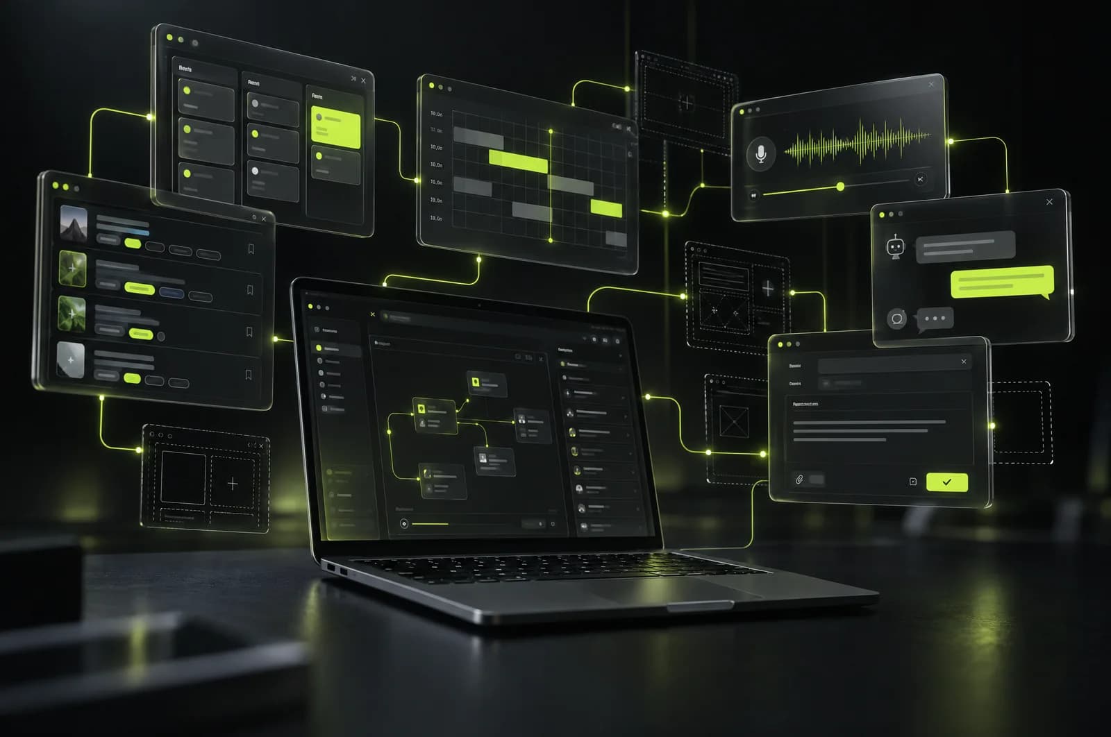 Laptop, um den herum kleine Werkzeuge entstehen und zu einem Ablauf verbunden werden: Board, Zeitplan, Stimme, Chat-Bot, Merkliste und E-Mail-Freigabe
