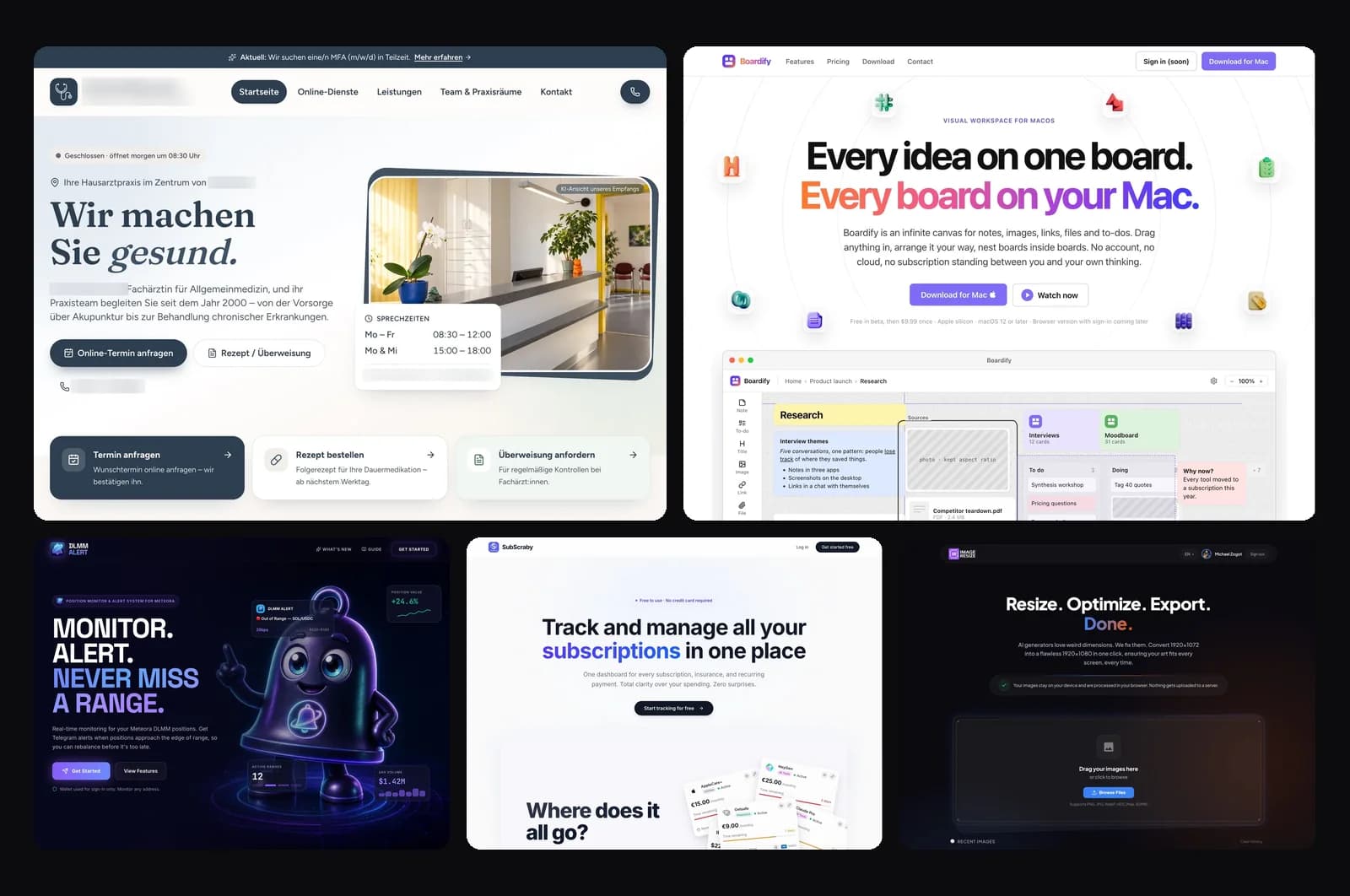Startseiten von fünf agentisch gebauten Websites: Hausarztpraxis, Boardify, DLMM Alert, Subscraby und Image Resizer