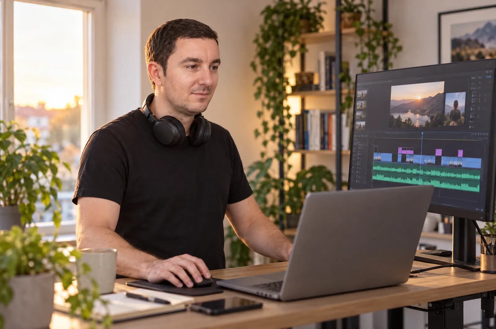 Michael Zogot am Schreibtisch, auf dem Monitor eine Videoschnitt-Timeline