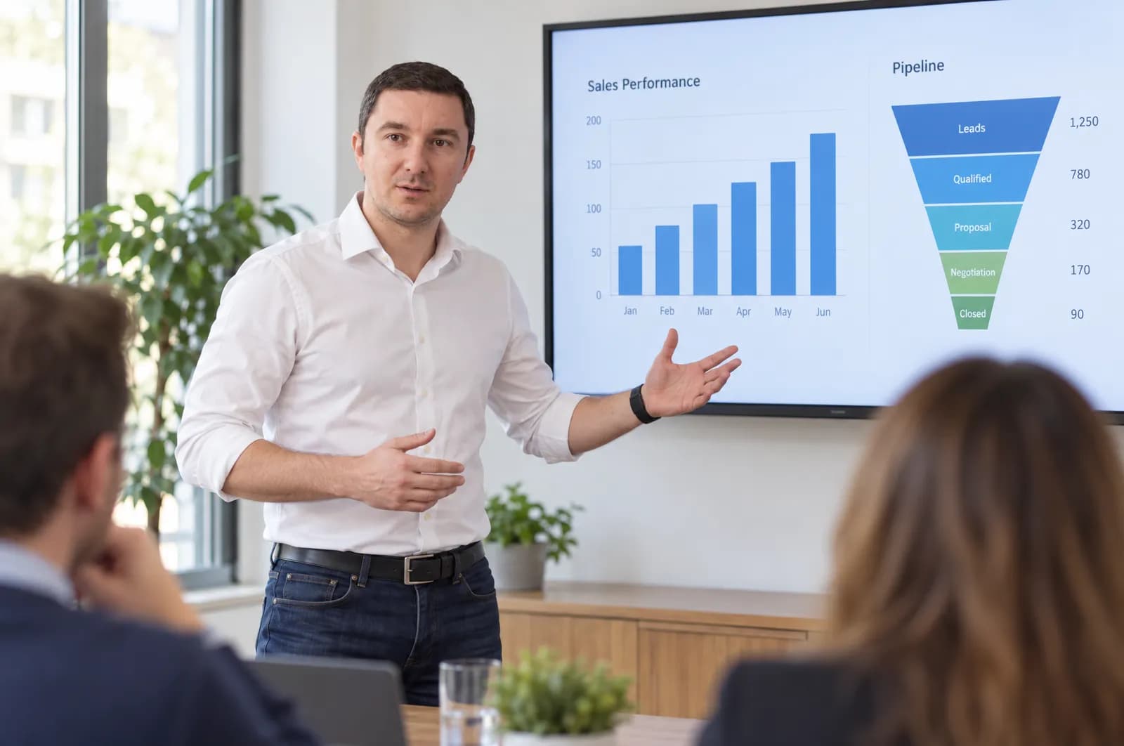 Michael Zogot präsentiert ein Vertriebs-Dashboard im Meetingraum