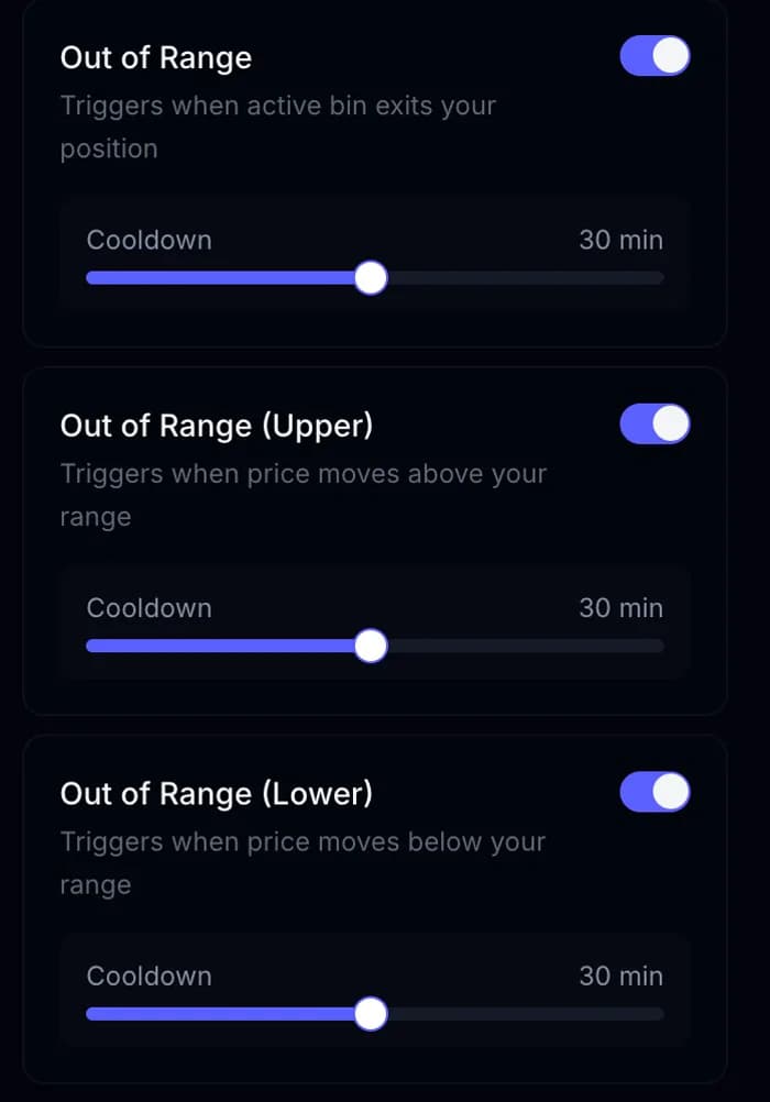 Alarm-Einstellungen einer Position: Verlassen des Korridors nach oben oder unten, je mit Cooldown