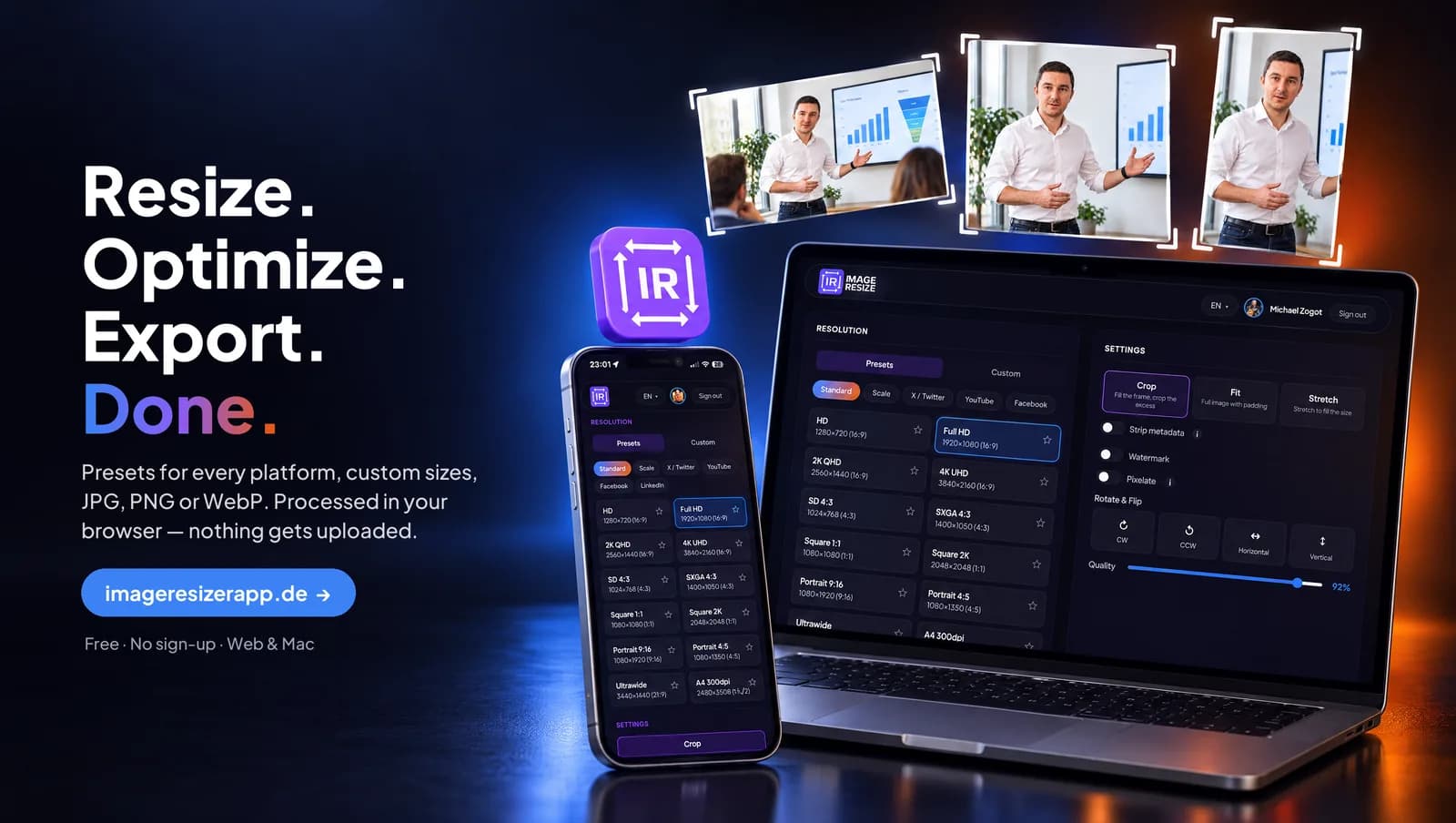 Key Visual: dieselbe Oberfläche auf Smartphone und Laptop, ein Foto in drei Formaten