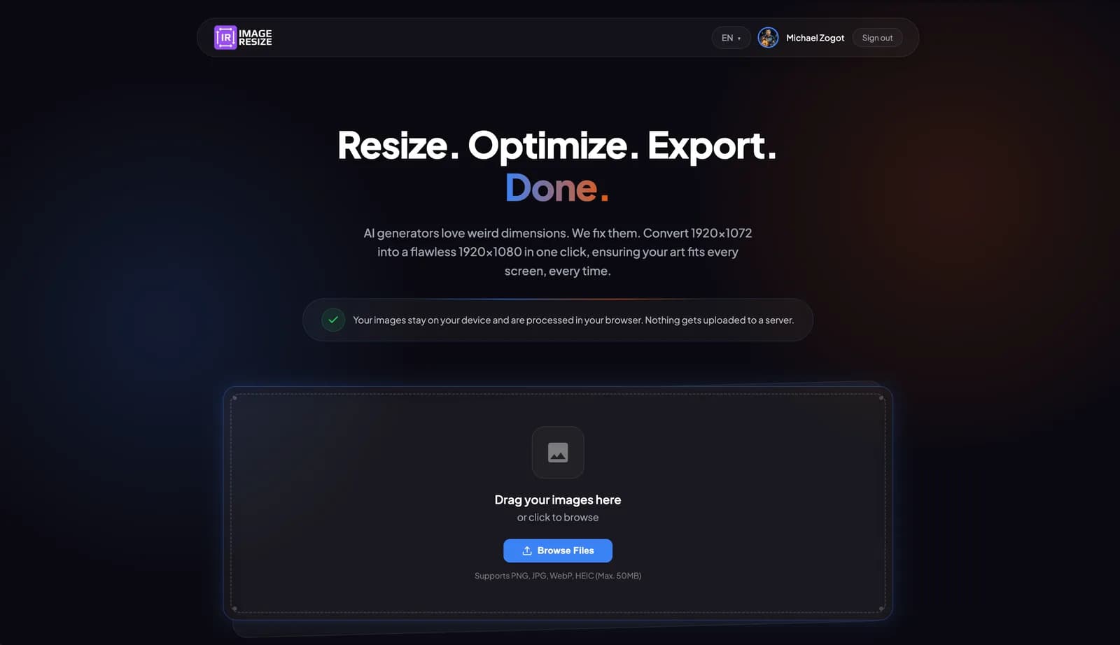 Startseite: Bilder ablegen, verarbeitet wird lokal im Browser