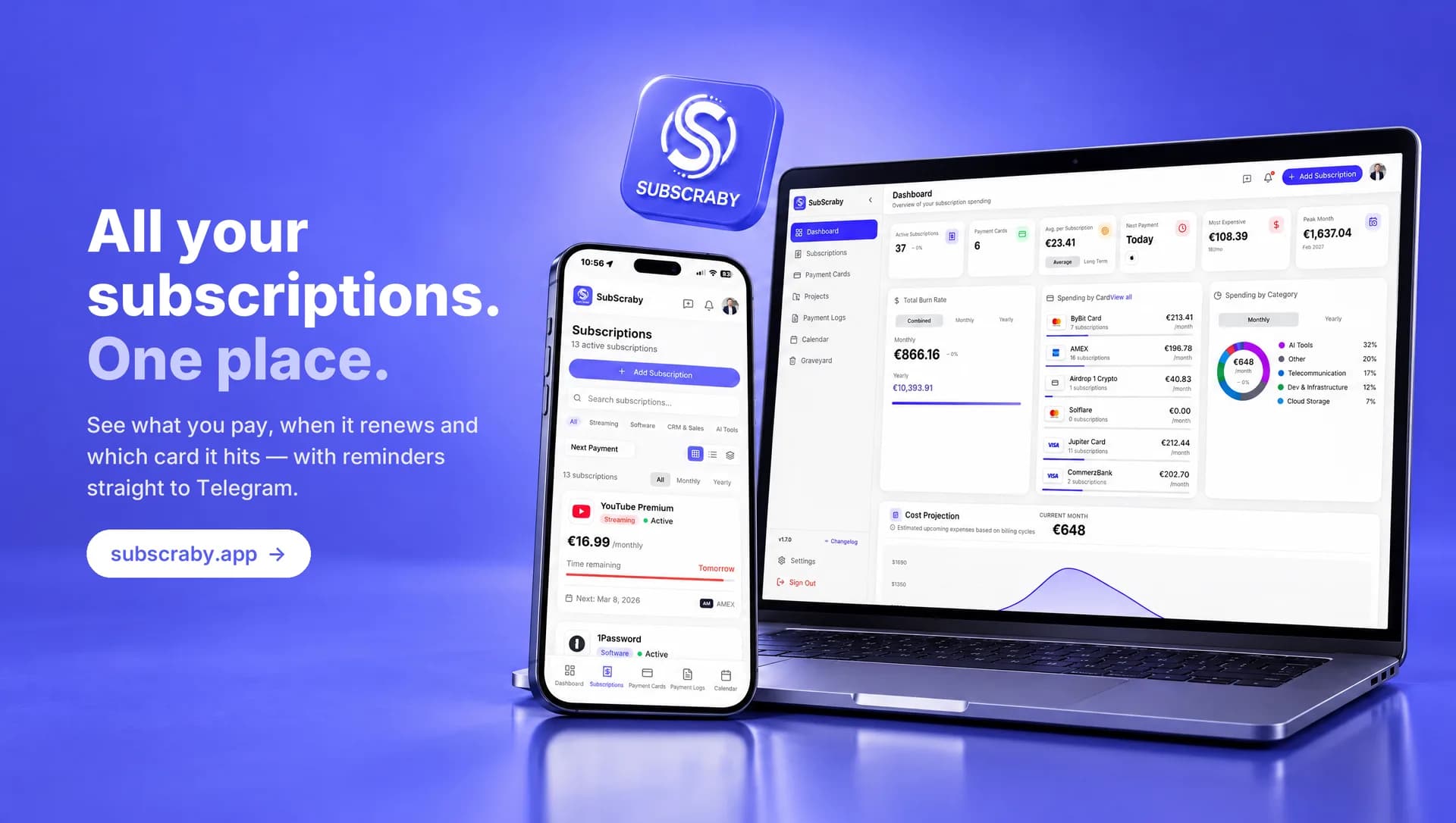 Key Visual von Subscraby: App-Symbol, Dashboard auf dem Laptop und Abo-Liste auf dem Smartphone