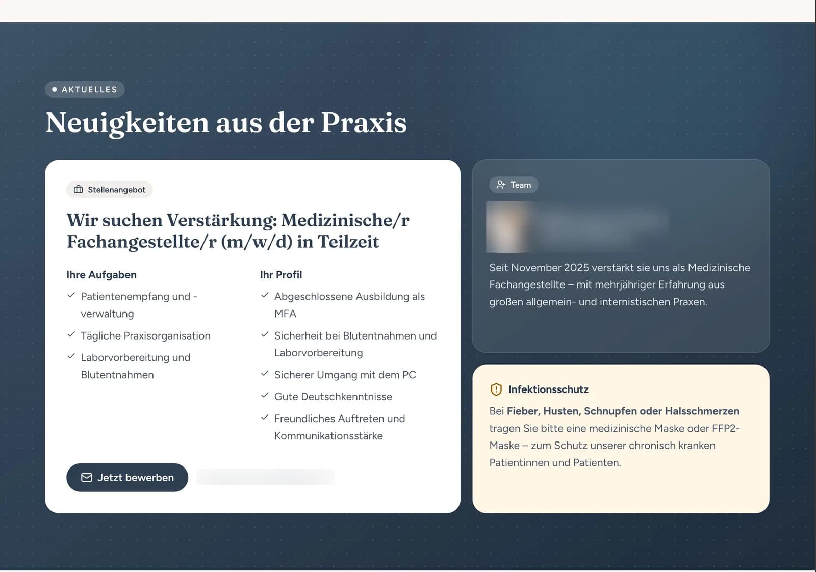 Aktuelles aus der Praxis: Stellenangebot, neues Teammitglied und Hinweis zum Infektionsschutz