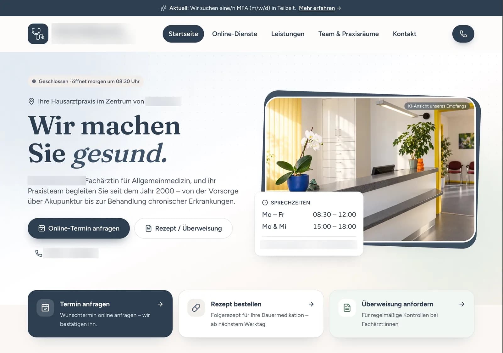 Startseite mit Live-Öffnungsstatus, Sprechzeiten und den drei Online-Diensten