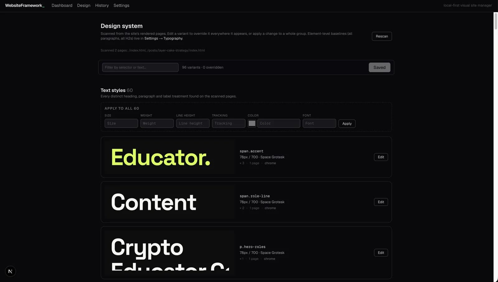 Designsystem-Ansicht: erkannte Textstile, einzeln oder als Gruppe anpassbar