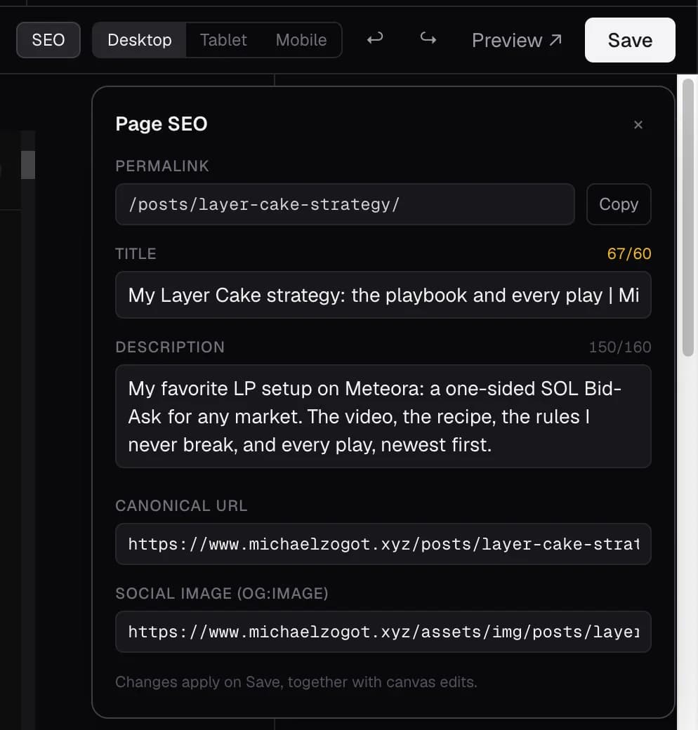 SEO pro Seite: Permalink, Titel und Beschreibung mit Längenzähler, Canonical, Social Image